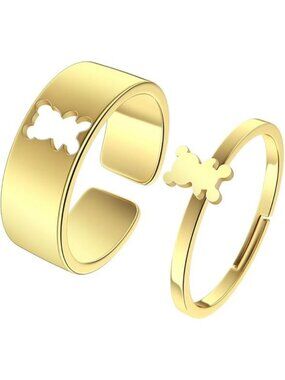Bear Gold 2Pcs Matching Cute Animals Promise Engagement Ring